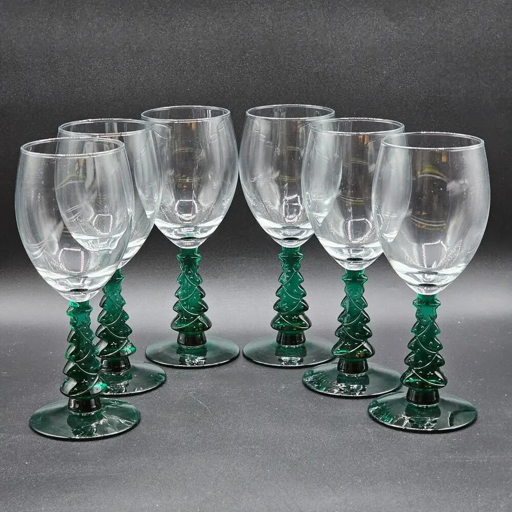 Holiday Libbey Christmas Tree Stemmed Wine Glasses Set 6